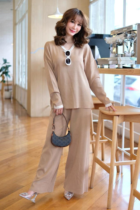 Casual Color Contrast Sweater V-neck Loose Top With Pants